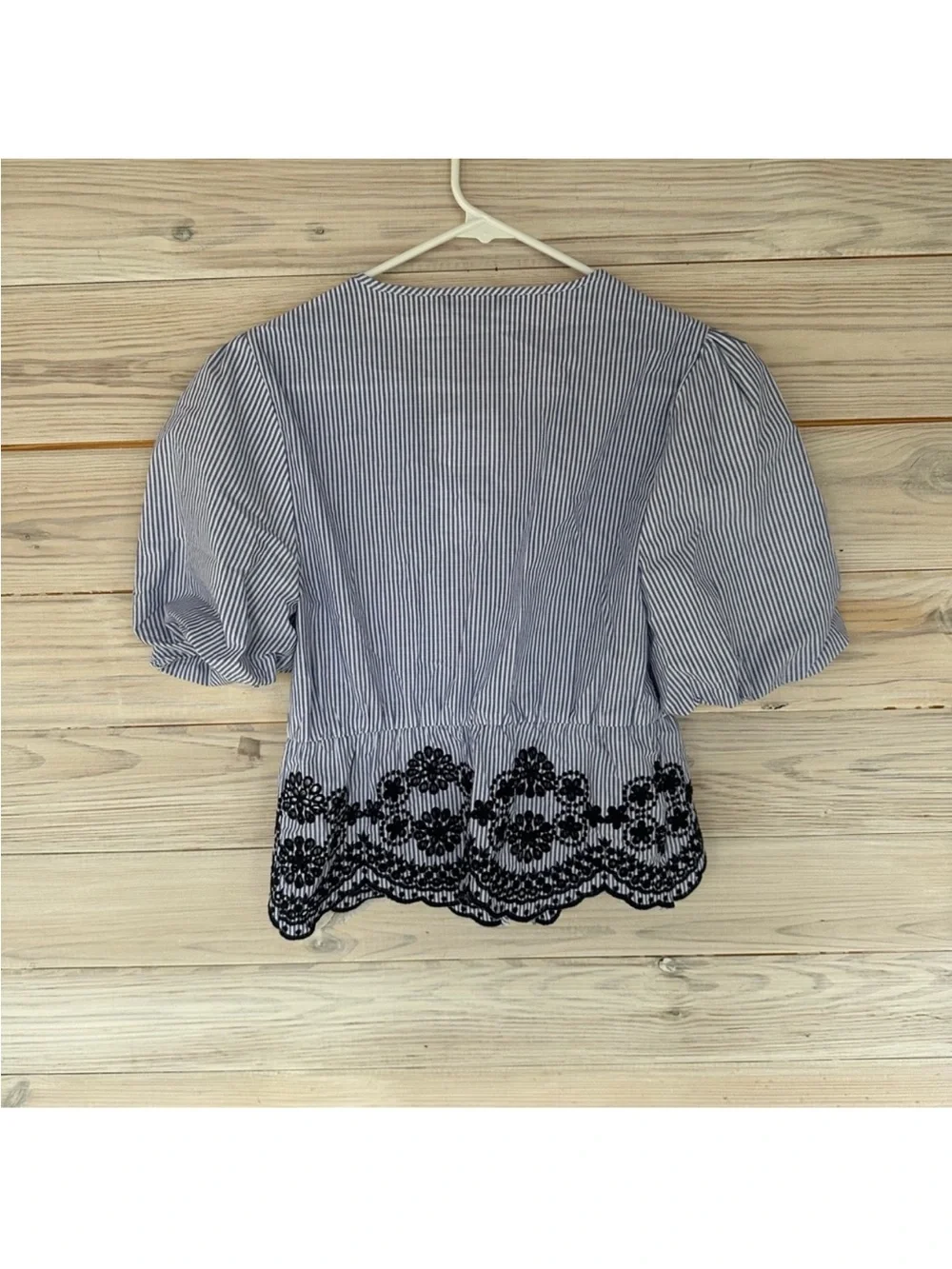 NWT ZARA Blue & White Striped Lace Hem Tie Front Blouse Size S